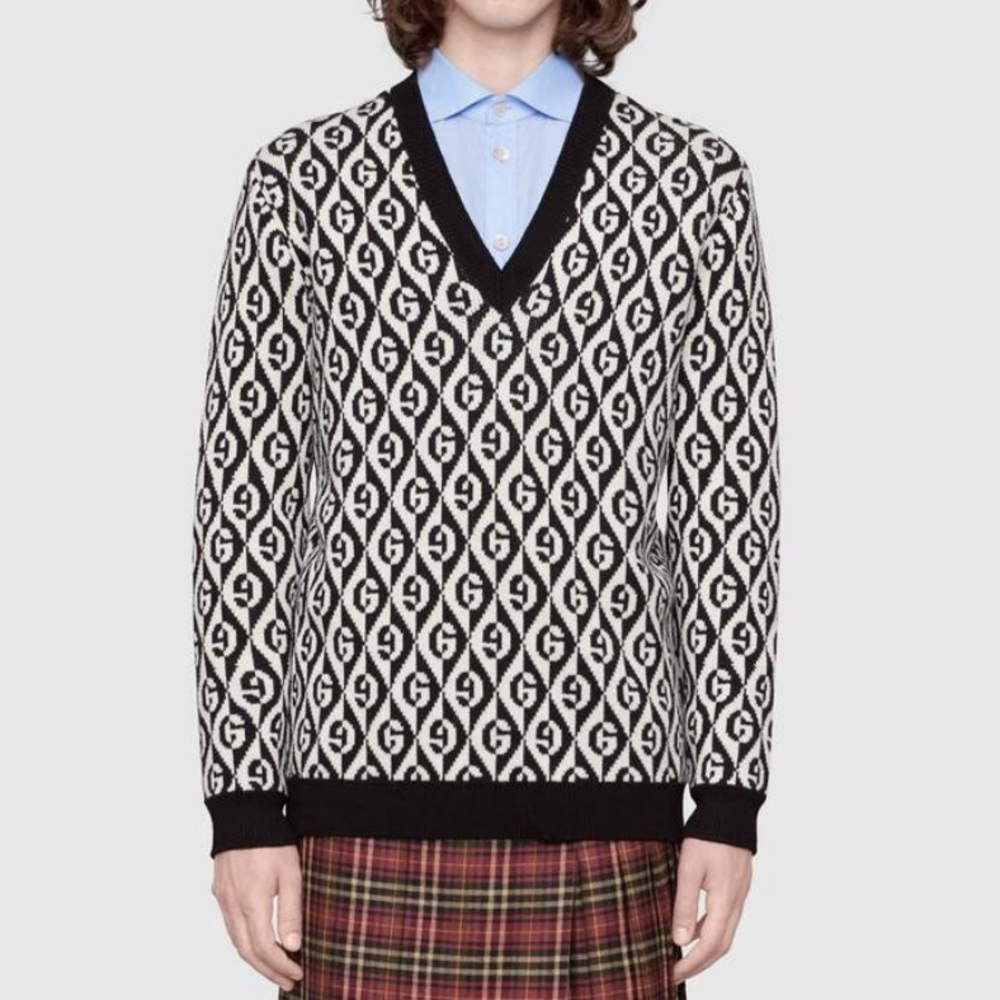 NWT Gucci Black Milk G Rhombus Wool V Sweater